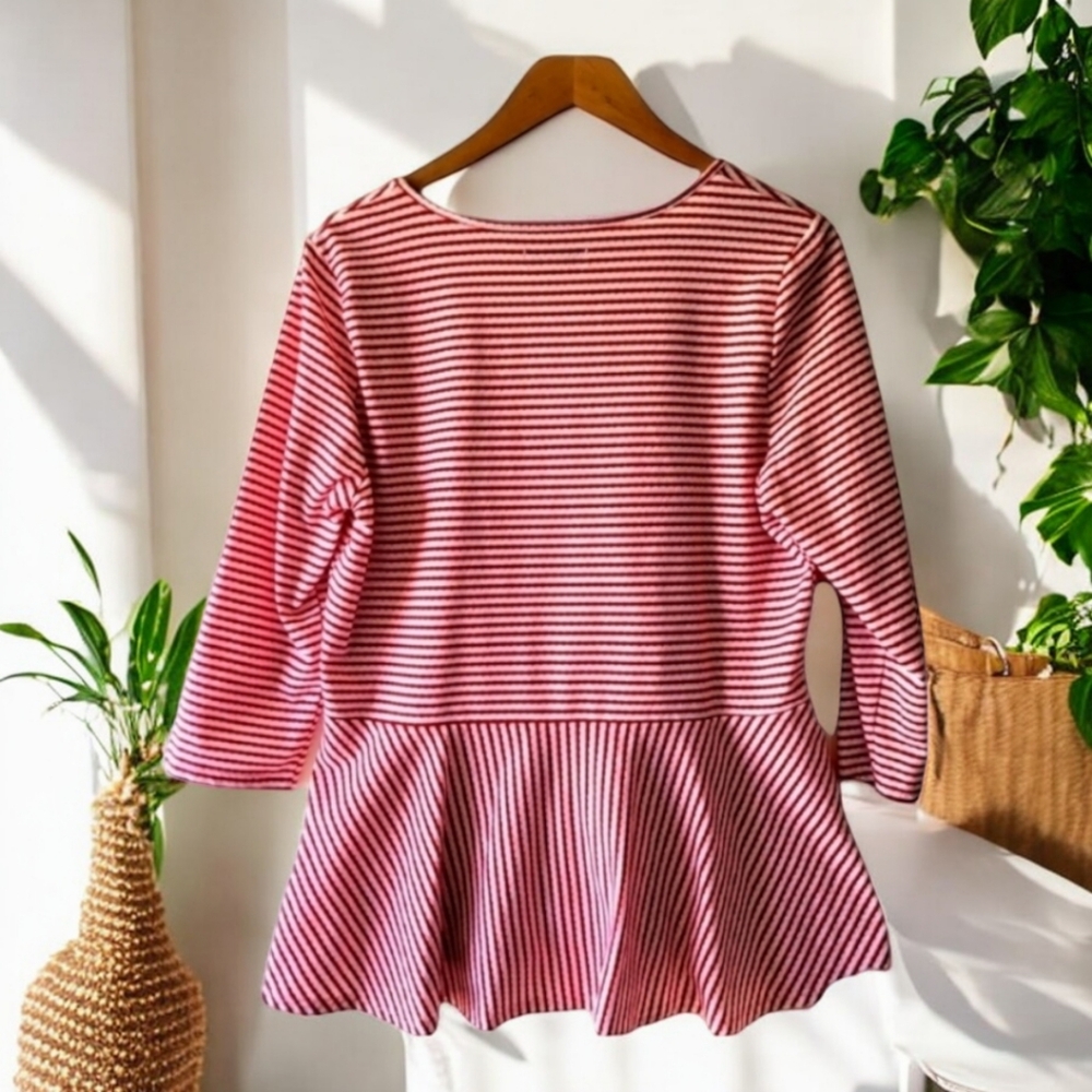 Red striped peplum 3/4 sleeve blouse women's size large by kim rogers